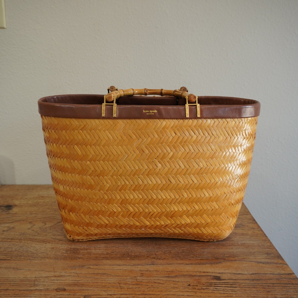 Kate Spade New York Wicker Bamboo Handle Tote Bag Brown Chic Coastal Preppy
